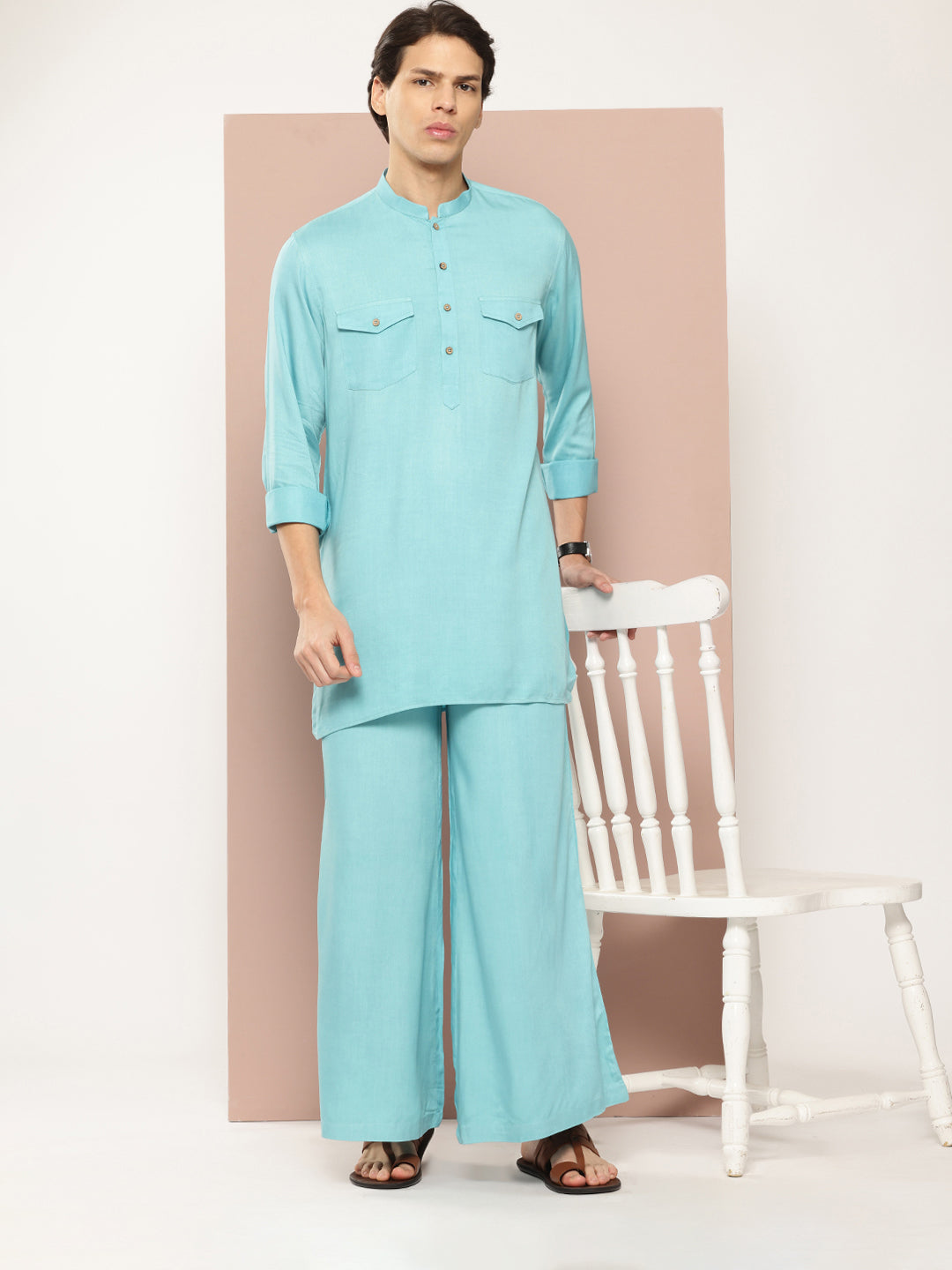 Men Turquoise Rayon Solid Pathani Sets