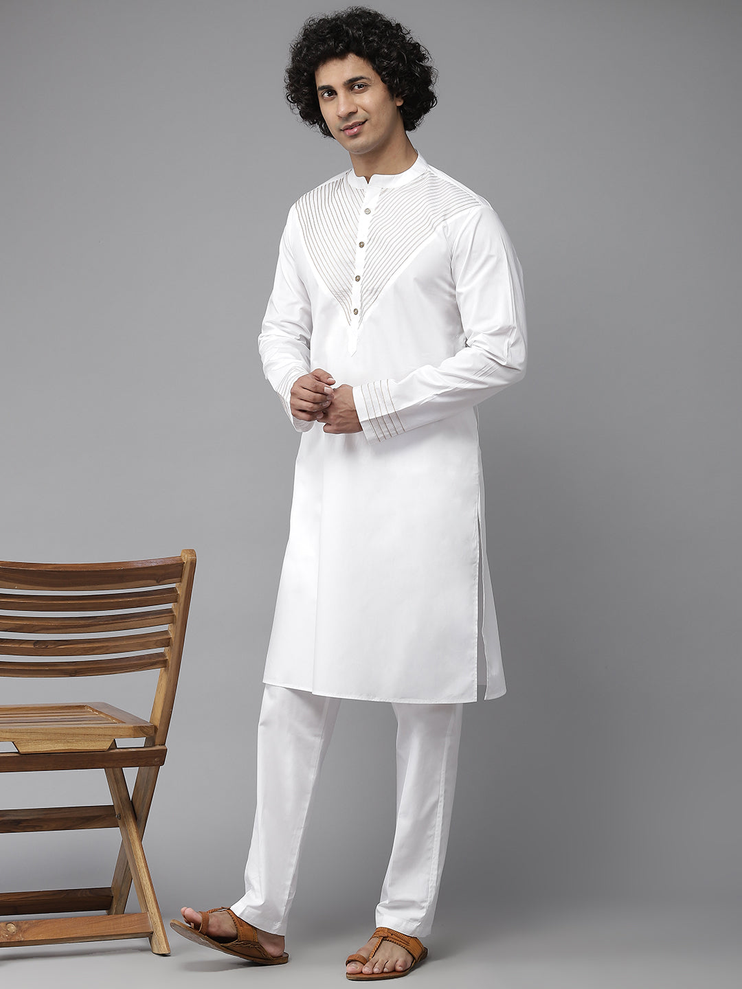 Men White Radiance Yoke Design Straight Kurta With Pajama