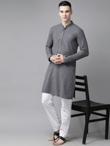 Men Grey Floral Embroidered Sequined Rayon Kurta