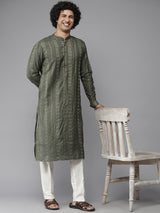 Men Olive Green with Gold Accents Woven Design Kurta With Pajama