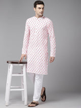 Men White & Orange Pure Cotton Embroidered Straight Kurta With Pajama