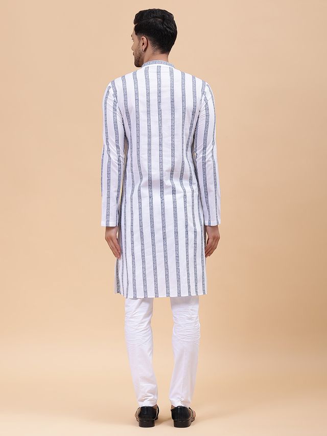 Men White & Grey Pure Cotton Embroidered Straight Kurta With pyjama