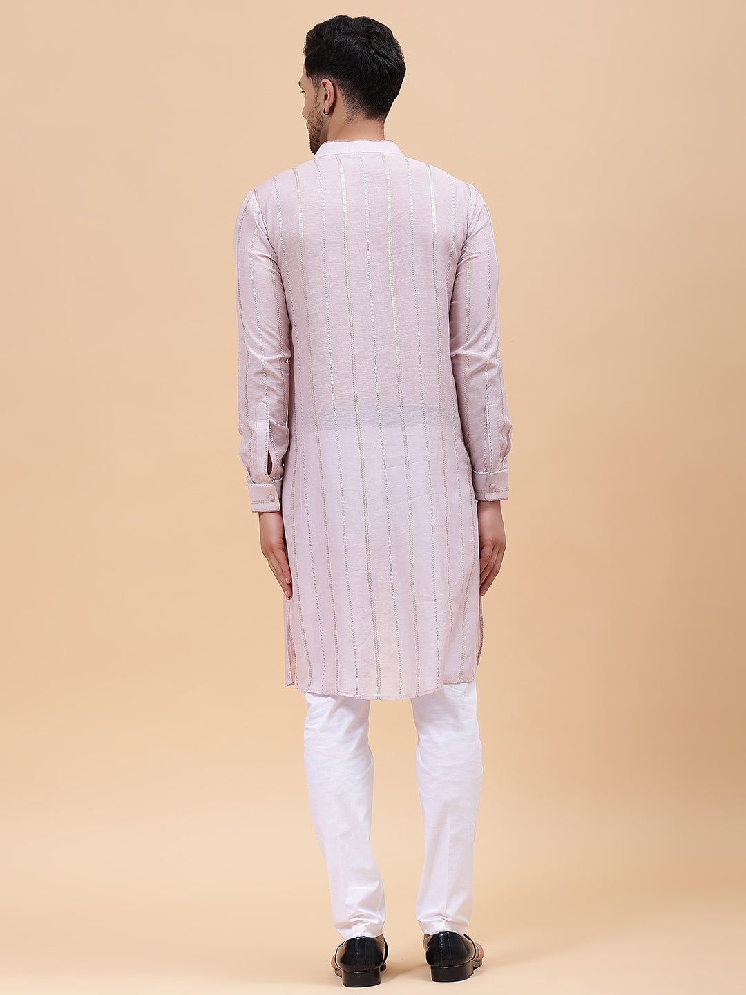 Men Pink Zari Wark Silk Woven Design Straight Kurta