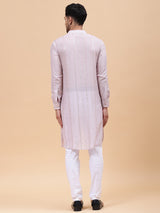 Men Pink Zari Wark Silk Woven Design Straight Kurta