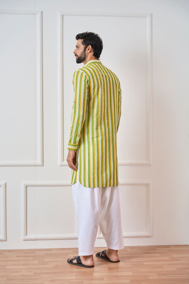 Men Lime Green Regular Pure Cotton Pathani Kurta With White Salwar