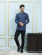 Men Blue Printed Cotton Short Kurta