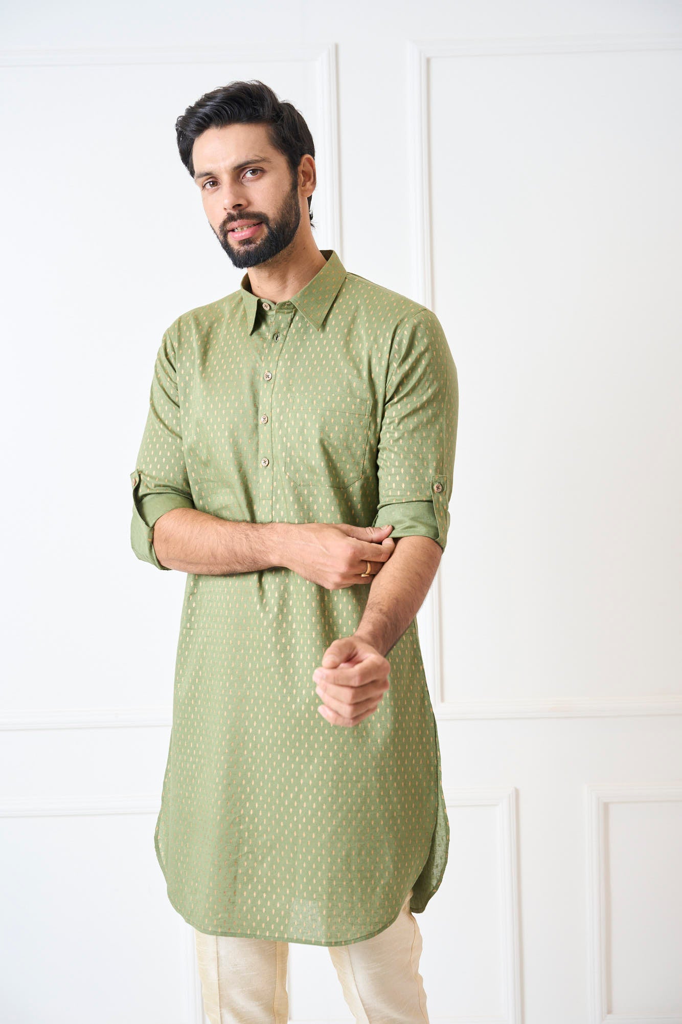 Men Fresh Olive Regular Pure Cotton Pathani Kurta