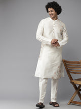 Men Ivory with Rust and Grey Embroidery Cotton Silk Straight Kurta With Pajama