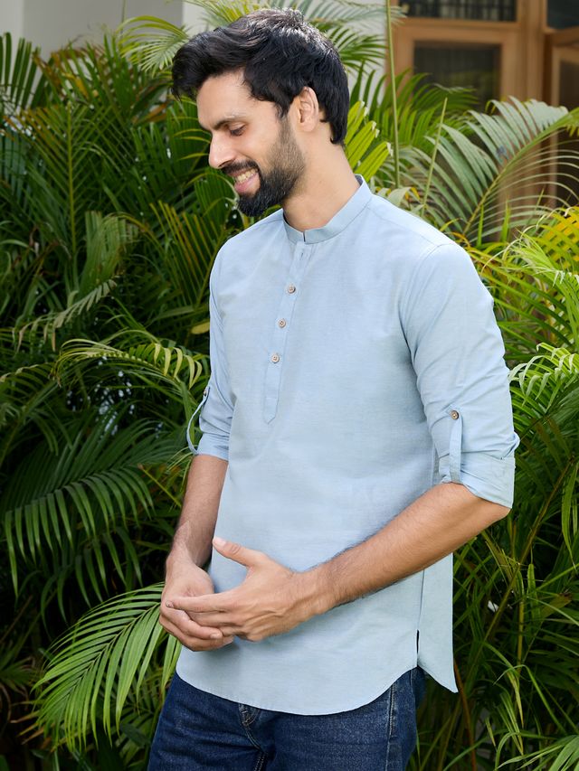 Men Pack Of 2 White & Blue Deluxe Cotton Solid Short Kurta