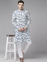 Men White & Blue Ikat Pattern Pure Cotton Printed Straight Kurta With Pajama