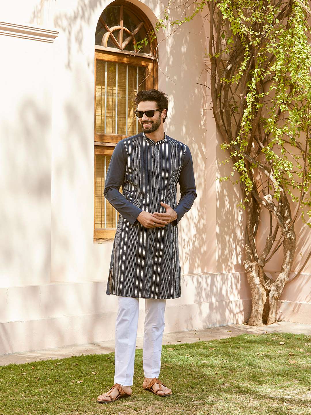 Men Navy Blue with Stripes Pintex Design Sequins Cotton Kurta with Pajama