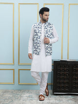 Men White And Blue Color Printed Cotton Nehru Jacket