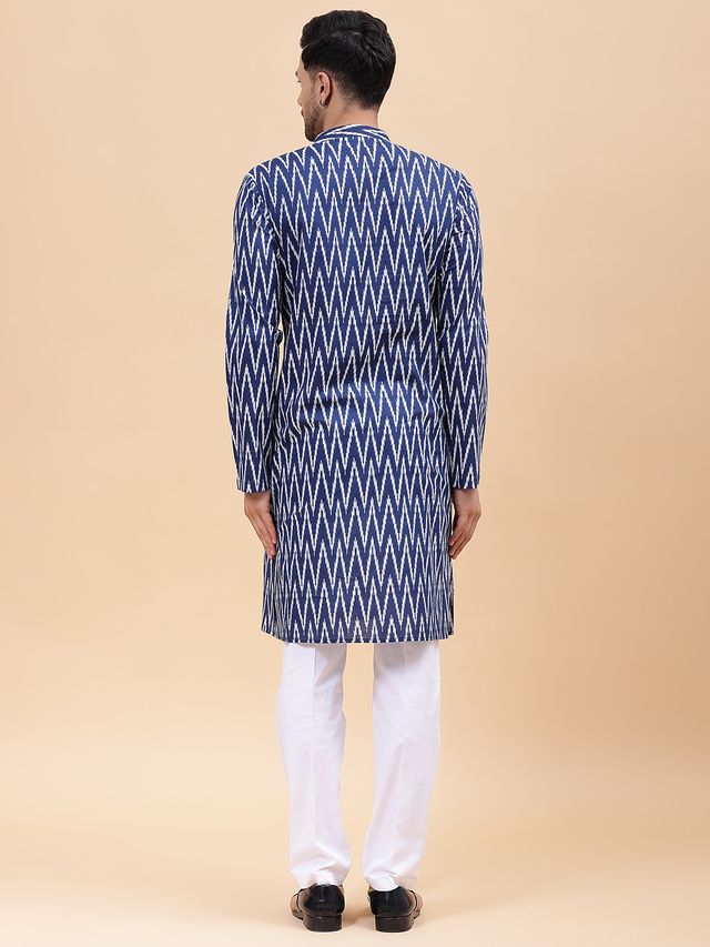 Men Navy Blue & White Pure Cotton Printed Straight Kurta With pyjama