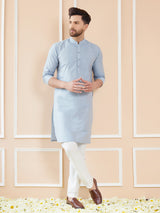 Blue Cotton Solid Straight Kurta with Pintuck Neckline