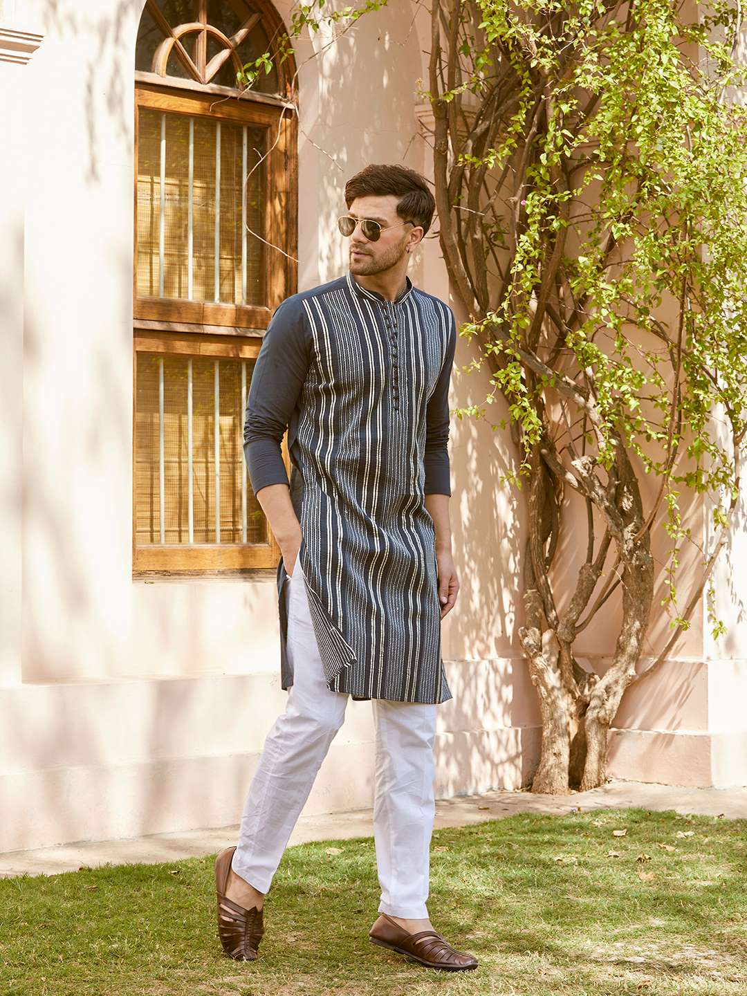 Men Midnight Blue with Stripes Pintex Design Sequins Cotton Kurta With Pajama