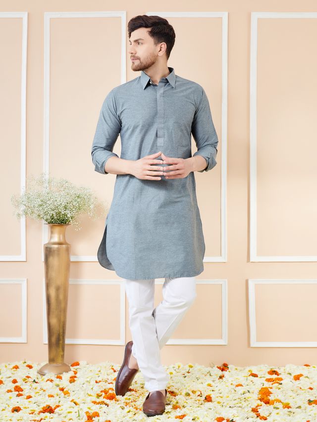 Men Grey Cotton Solid Pathani Kurta