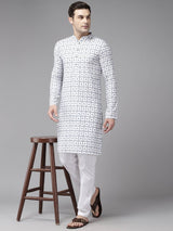 Men Ivory White with Indigo Blue Pattern Pure Cotton Embroidered Straight Kurta With Pajama