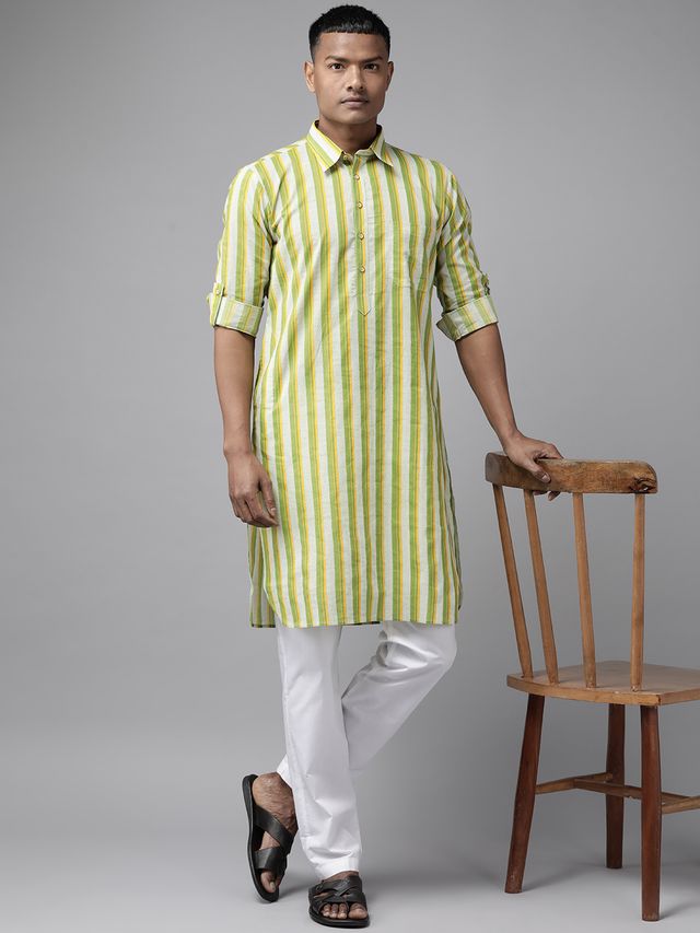 Men Lime Green Regular Pure Cotton Pathani Printed Men's Kurta With White Salwar