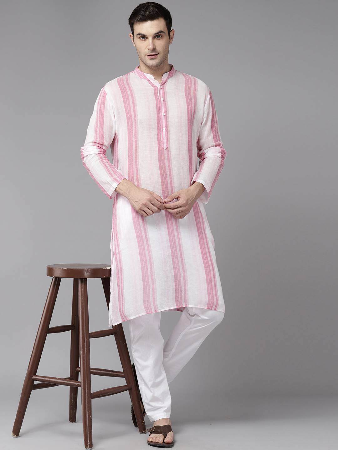 Men White & Pink Bliss Pure Cotton Printed Straight Kurta With Pajama