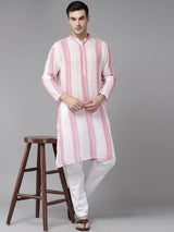 Men White & Pink Bliss Pure Cotton Printed Straight Kurta With Pajama