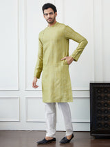 Riwaat.com Men Olive Thread Work Cotton Kurta Riwaat Mehendi Thread Work