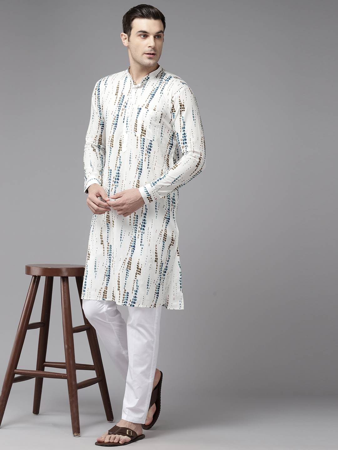 Men White with Blue and Brown Pure Cotton Printed Straight Kurta With Pajama