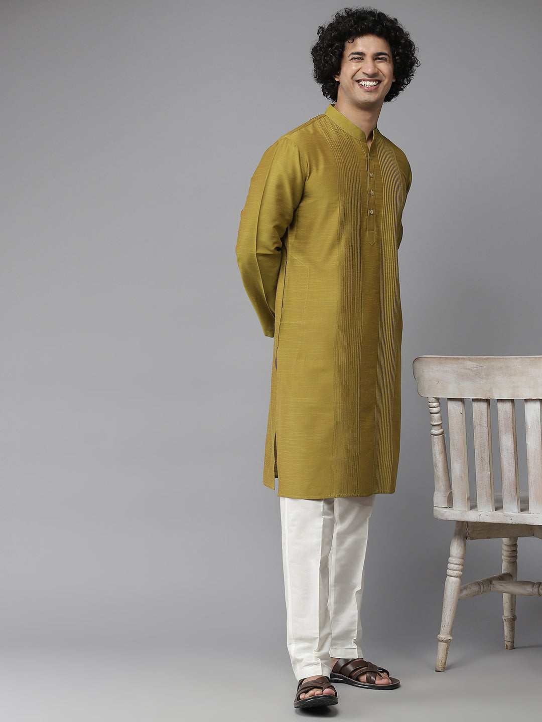 Men Mustard Cotton Silk Straight Kurta With Pajama