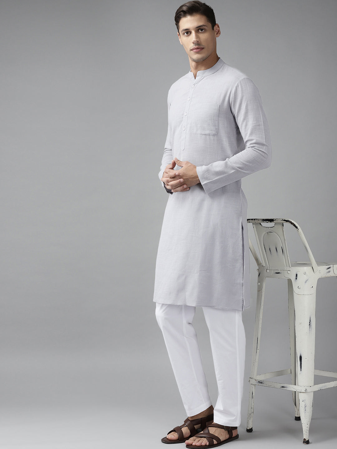 Men Grey Cotton Straight Kurta with Slub Effect With Pajama