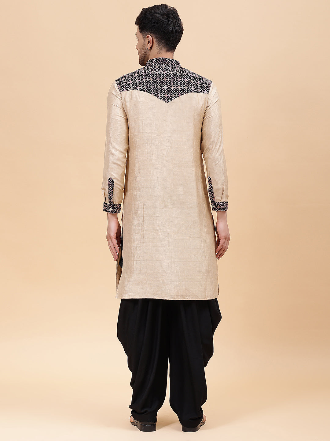 Men Gold & Black Silk Woven Design Straight Kurta With pyjama