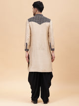 Men Gold & Black Silk Woven Design Straight Kurta With pyjama