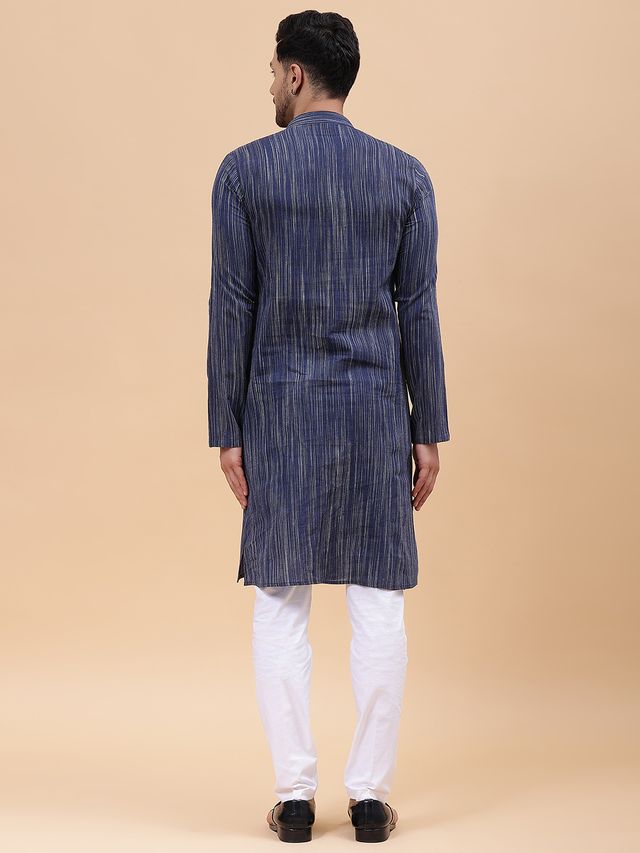 Men Navy Blue Pure Cotton Printed Straight Kurta With pyjama