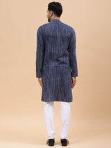 Men Navy Blue Pure Cotton Printed Straight Kurta With pyjama