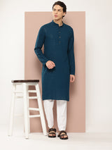 Men Teal Embroidered Sequin Rayon Kurta