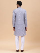 Men Grey & Blue Pure Cotton Embroidered Straight Kurta With pyjama