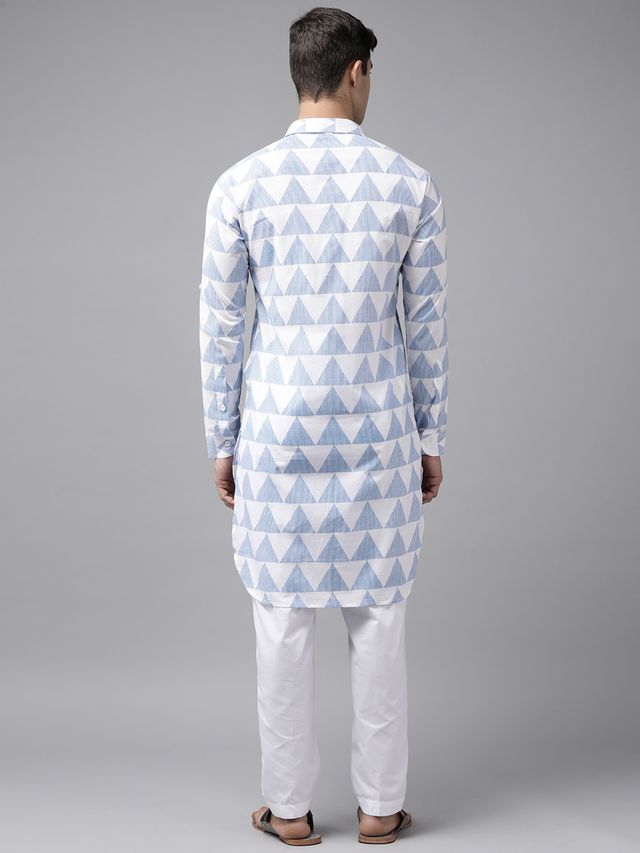 Men White Regular Pure Cotton Pathani Printed Men's Kurta With White Salwar