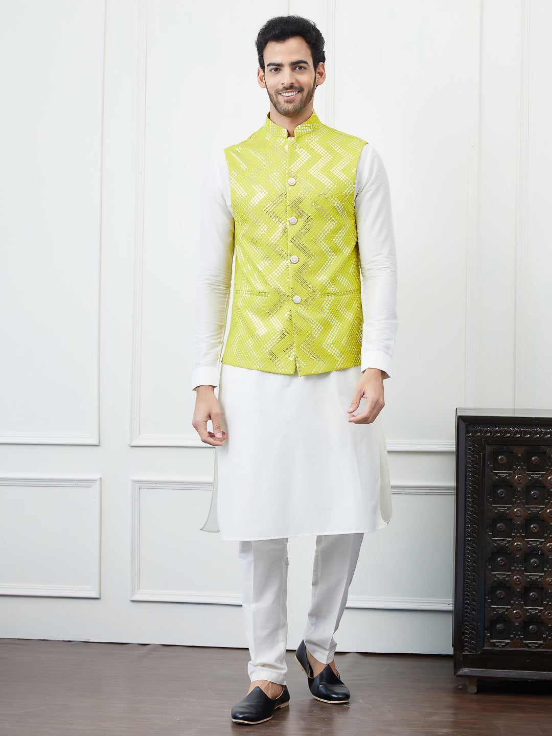 Men Lime Green Color Woven Design Thread Work Sequence Nehru Jacket