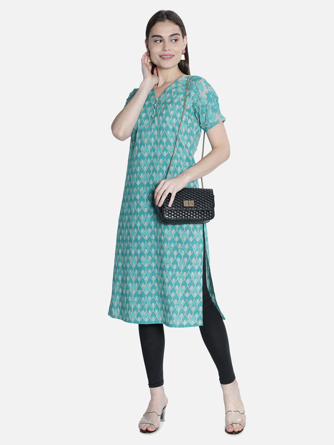 Women Sea Green Printed Straight Kurti