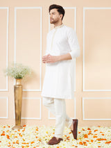 Cream Solid Cotton Emboridered Neckline Straight Kurta with Pyjama