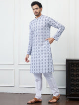 Men Cream And Blue Chikankari Embroidered Cotton Kurta