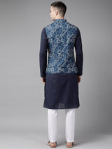 Men Blue & Beige Printed Pure Cotton Kurta Pajama With Nehru Jacket