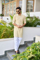 Men Yellow Regular Pure Cotton Pathani Kurta With White Salwar