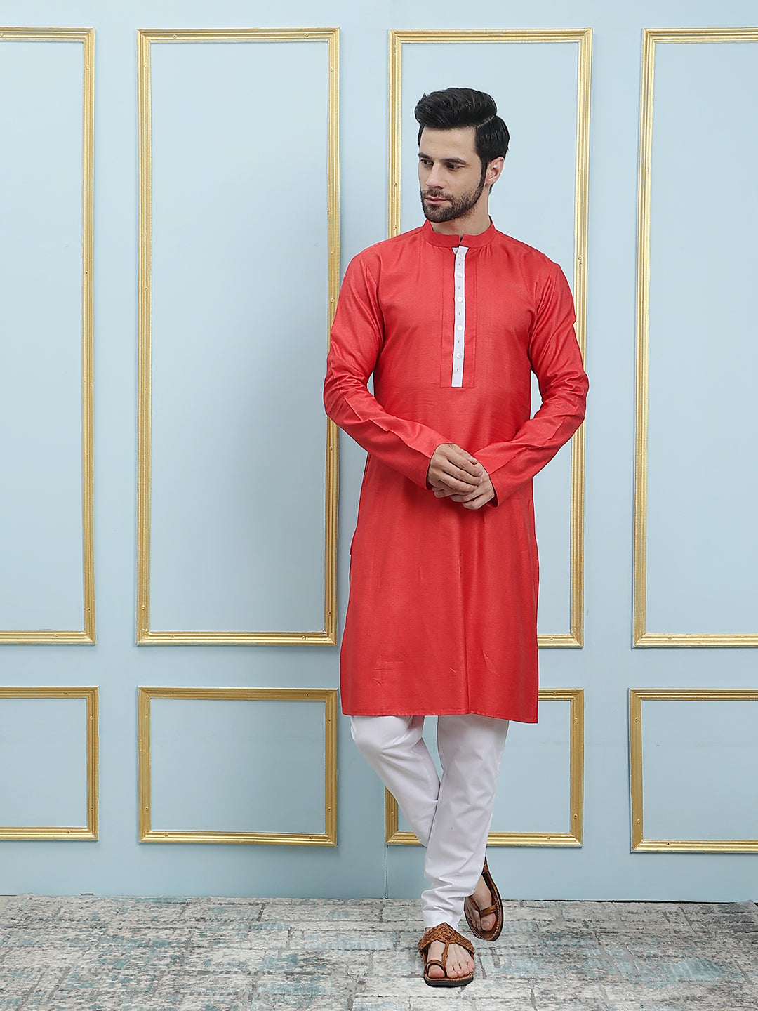 Riwaat.com Men Orange Solid Cotton Silk Kurta Riwaat Embroidered