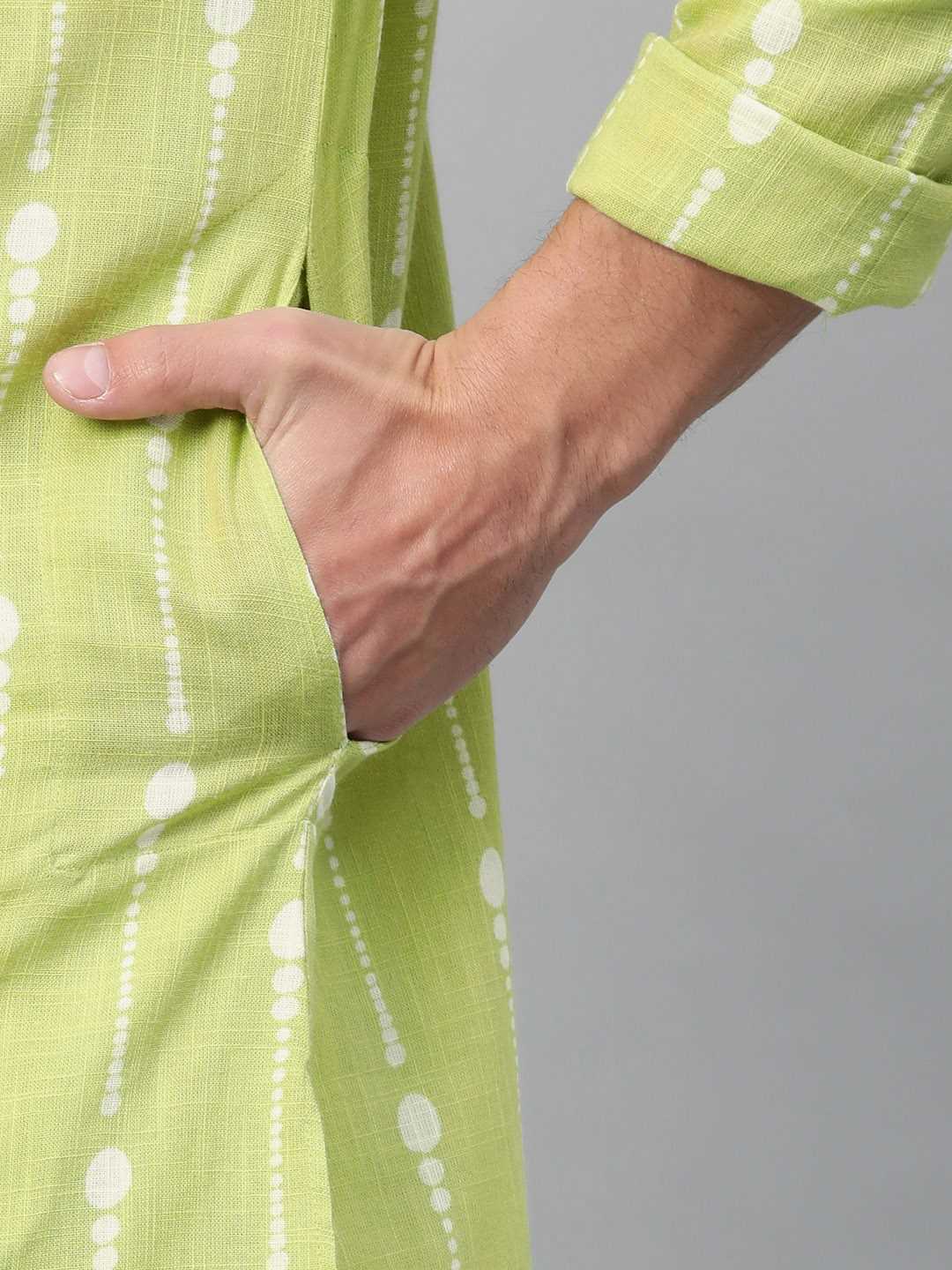 Lime Green & White Printed Straight Kurta With Pajama