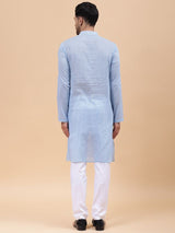 Men Sky Blue & White Pure Cotton Embroidered Straight Kurta With pyjama