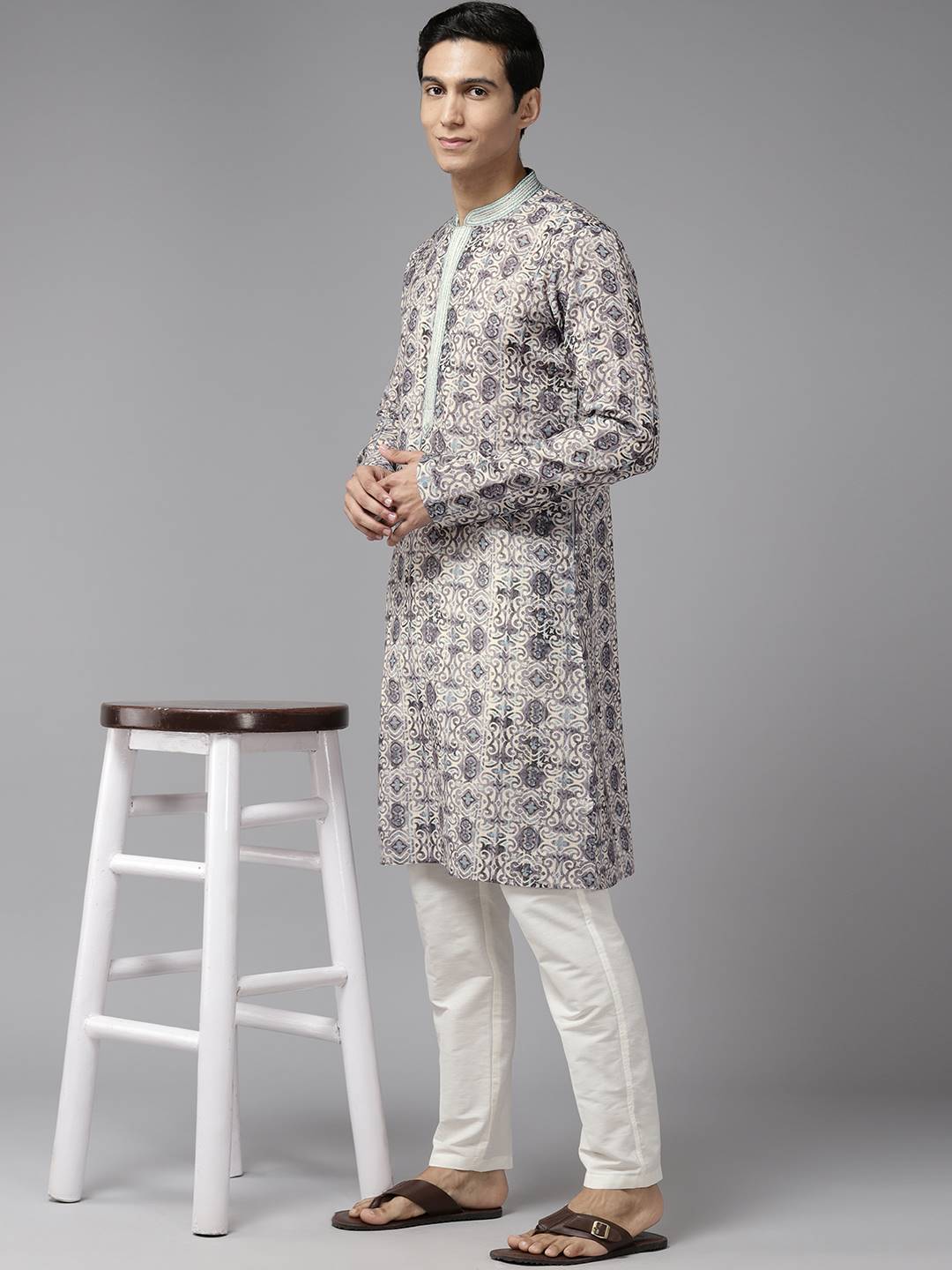 Men Multi Pure Cotton Embroidered Straight Kurta With Pajama