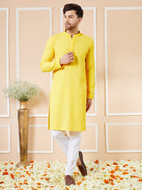 Men Yellow Floral Embroidered Sequined Rayon Kurta