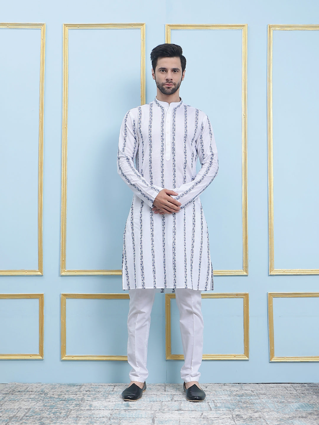 Riwaat.com Men White & Blue Chikankari Embroidery Cotton Kurta Riwaat Embroidered