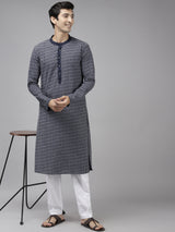 Men Indigo & White Printed Thread Work Kurta With Pajama