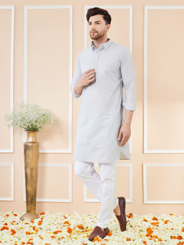 Men Grey Cotton Solid Pathani Kurta