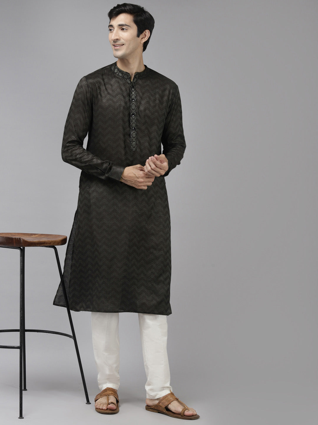 Men Olive & Beige Wave Woven Design Thread Work Kurta